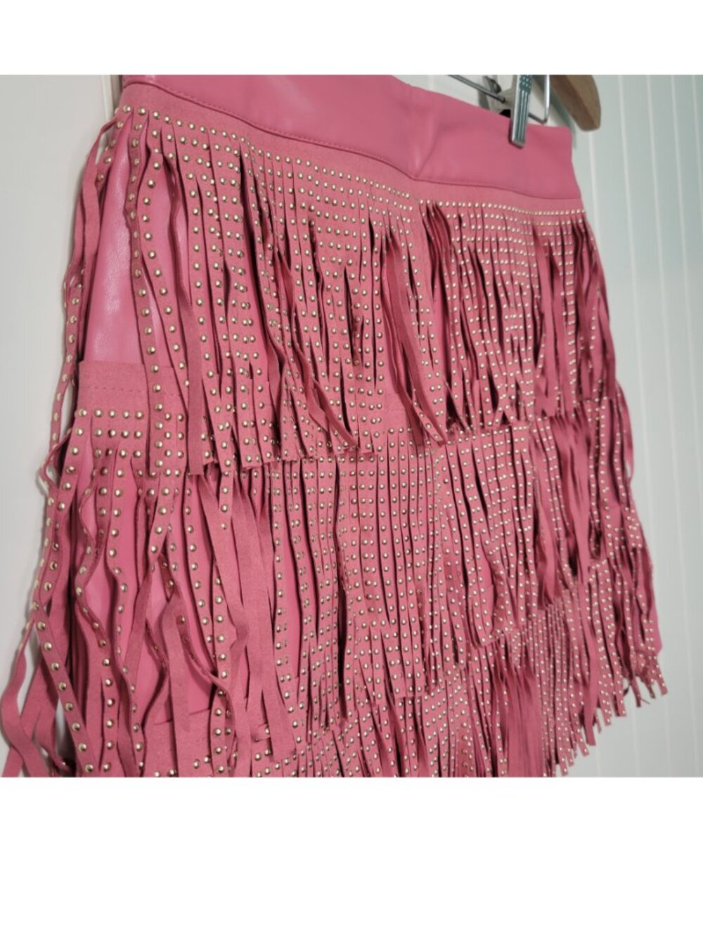 Dolly Barbie Cowgirl Rodeo Pink Faux Leather Studded Fringe Tiered Mini Skirt S - Picture 3 of 11
